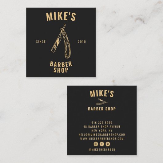 金ゴールドメンズバーモダンバーショップかみそり美容師 スクエア名刺 (正面/裏面)