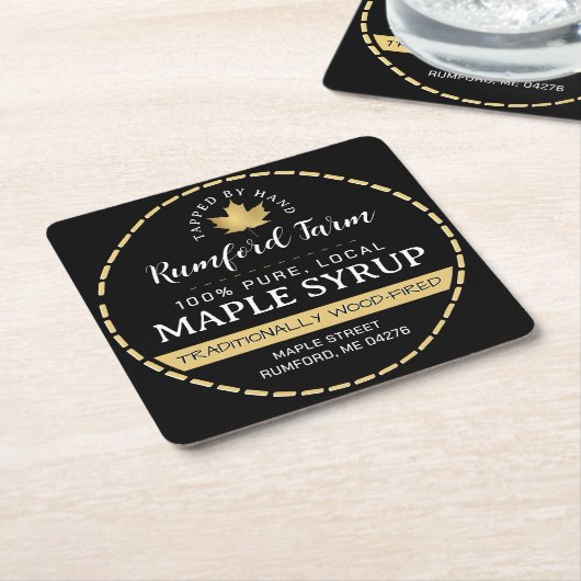 金ゴールドメープルリーフを黒メープルシロップで破線縁ど スクエアペーパーコースター (アングル)