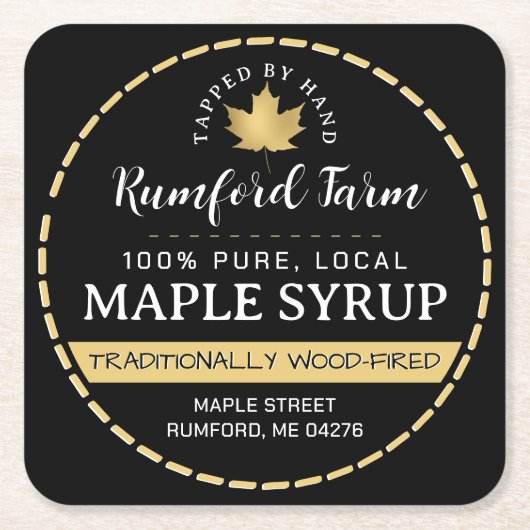 金ゴールドメープルリーフを黒メープルシロップで破線縁ど スクエアペーパーコースター (正面)