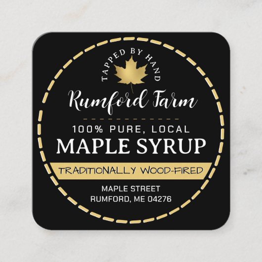 金ゴールドメープルリーフを黒メープルシロップで破線縁ど スクエア名刺 (正面)