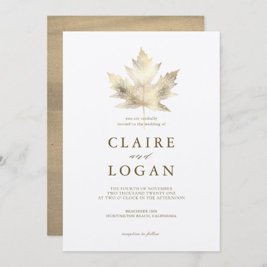 金ゴールドメープルリーフホワイト結婚式招待状 招待状 (正面/裏面)
