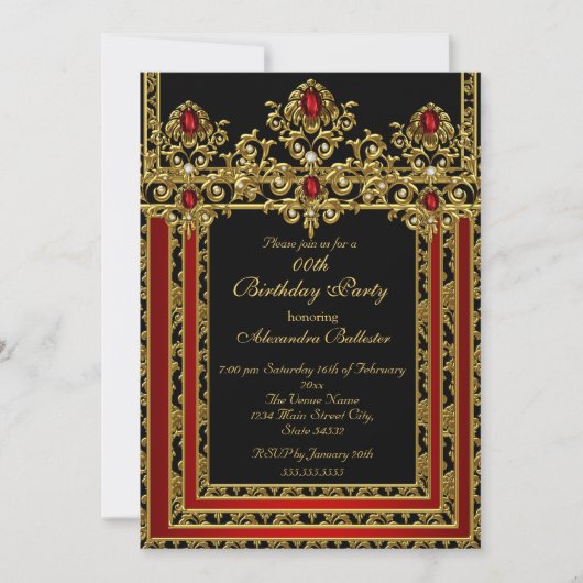 金ゴールドモエレガントロッコスタイル赤バースデーパーティー 招待状 (正面)