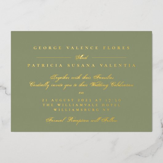 金ゴールドモスグリーンフォーマル書道エレガント 箔招待状 (正面)