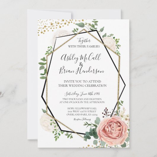 金ゴールドモダンとピンクの幾何学的な結婚式の招待 招待状 (正面)