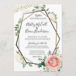 金ゴールドモダンとピンクの幾何学的な結婚式の招待 招待状