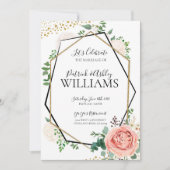 金ゴールドモダンとピンクの幾何学的な結婚披露宴 招待状 (正面)