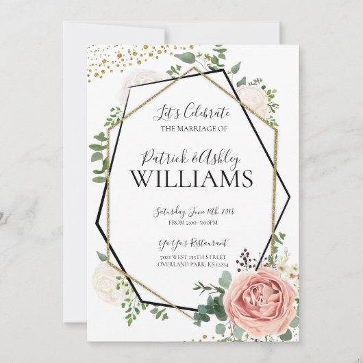金ゴールドモダンとピンクの幾何学的な結婚披露宴 招待状 (正面)