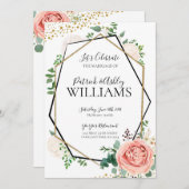 金ゴールドモダンとピンクの幾何学的な結婚披露宴 招待状 (正面/裏面)