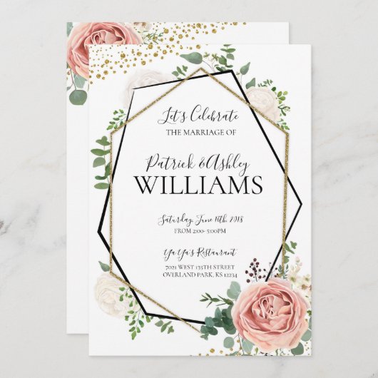 金ゴールドモダンとピンクの幾何学的な結婚披露宴 招待状 (正面/裏面)