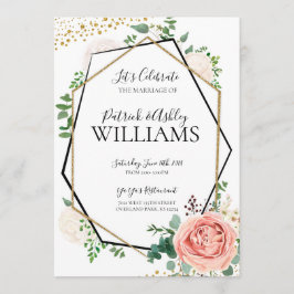 金ゴールドモダンとピンクの幾何学的な結婚披露宴 招待状