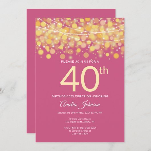 金ゴールドモダンとピンクの紐が40歳の誕生日を照らす 招待状