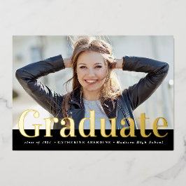 金ゴールドモダンとブラックのタイポグラフィによる写真卒業 箔招待状