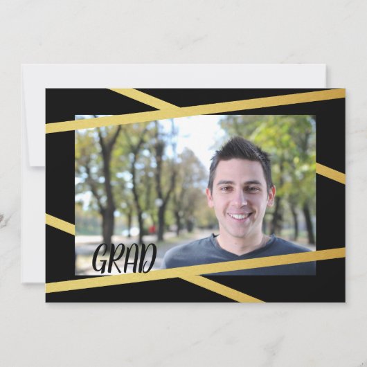 金ゴールドモダンとブラックのフォト招待状 招待状 (正面)