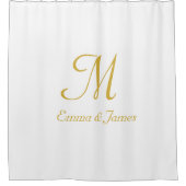 金ゴールドモダンとホワイトモノグラム名カスタム シャワーカーテン (正面)