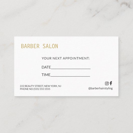 金ゴールドモダンとホワイト理容師ショップ次アポイントメント 名刺 (裏面)