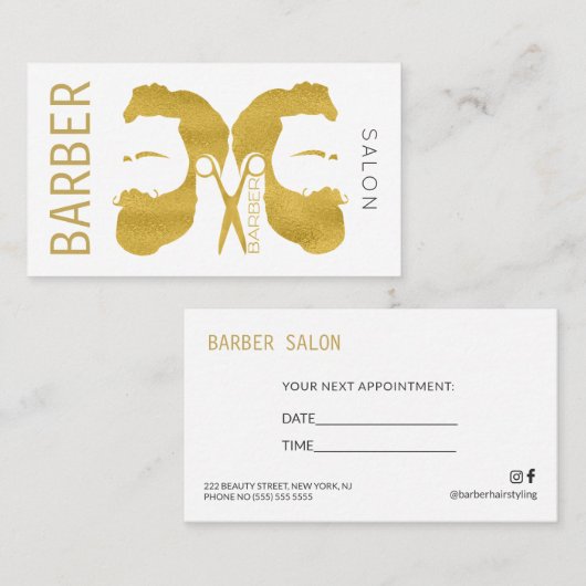 金ゴールドモダンとホワイト理容師ショップ次アポイントメント 名刺 (正面/裏面)