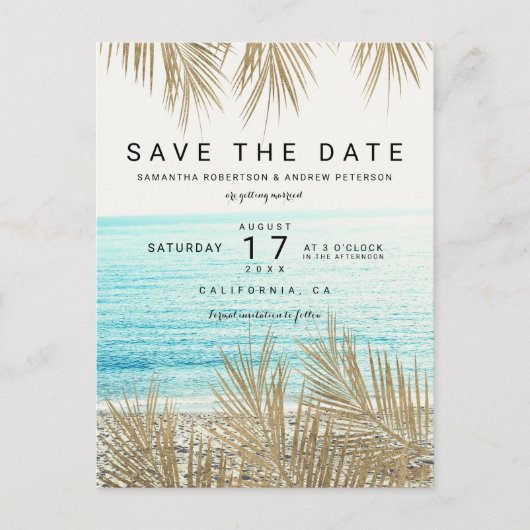 金ゴールドモダンのヤシの木のビーチ写真の保存日付 案内ポストカード (正面)