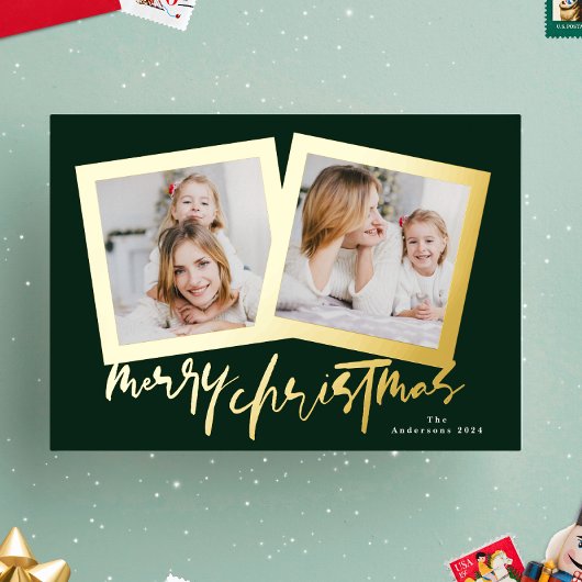 金ゴールドモダンの緑はクリスマスの楽し数々のい写真 箔シーズンカード