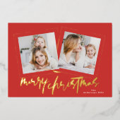 金ゴールドモダンの緑はクリスマスの楽し数々のい写真 箔シーズンカード (正面)