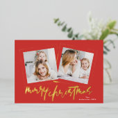 金ゴールドモダンの緑はクリスマスの楽し数々のい写真 箔シーズンカード (立ち正面)