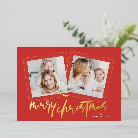 金ゴールドモダンの緑はクリスマスの楽し数々のい写真 箔シーズンカード (立ち正面)