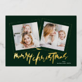 金ゴールドモダンの緑はクリスマスの楽し数々のい写真 箔シーズンカード (正面)