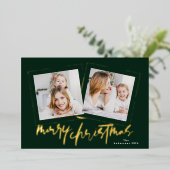 金ゴールドモダンの緑はクリスマスの楽し数々のい写真 箔シーズンカード (立ち正面)