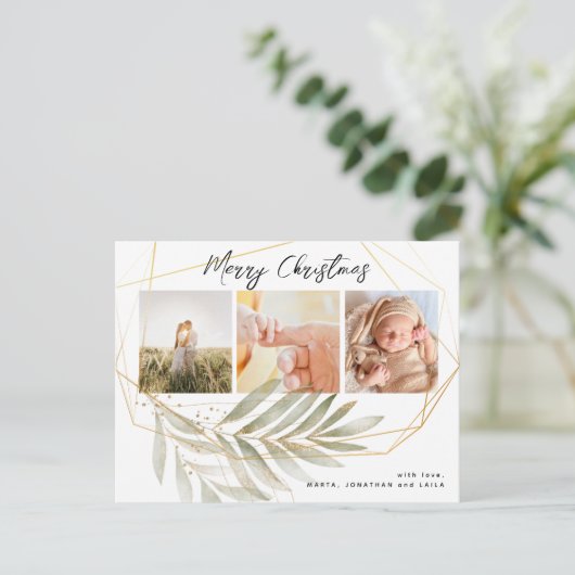金ゴールドモダンの葉3フォトコラージュクリスマス ポストカード (スタンド正面)