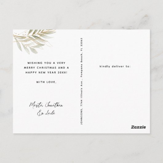 金ゴールドモダンの葉3フォトコラージュクリスマス ポストカード (裏面)