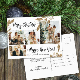 金ゴールドモダンの葉4フォトコラージュクリスマスポスト ポストカード