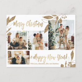 金ゴールドモダンの葉4フォトコラージュクリスマス ポストカード