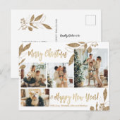 金ゴールドモダンの葉4フォトコラージュクリスマス ポストカード (正面/裏面)
