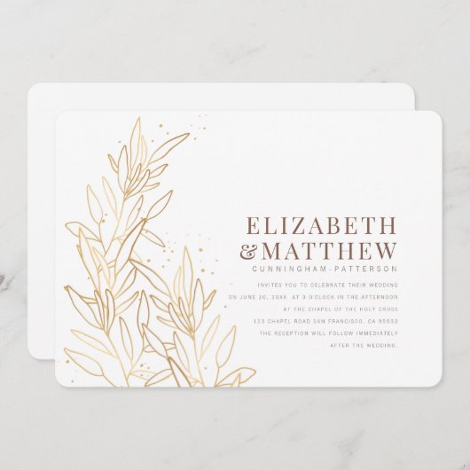 金ゴールドモダンの葉+ミニマル結婚リスト 招待状 (正面/裏面)