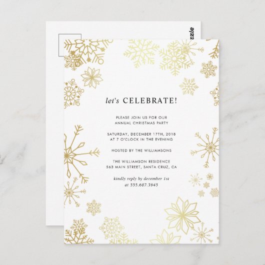金ゴールドモダンの雪の結晶クリスマスパーティー ポストカード (正面/裏面)