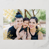 金ゴールドモダンの雪の結晶メリークリスマス写真 箔シーズンカード (正面)