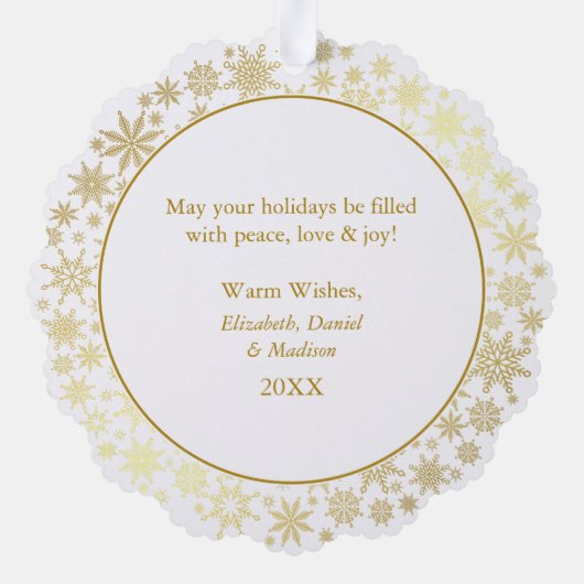 金ゴールドモダンの雪片メリークリスマスフォト オーナメントカード (裏面)