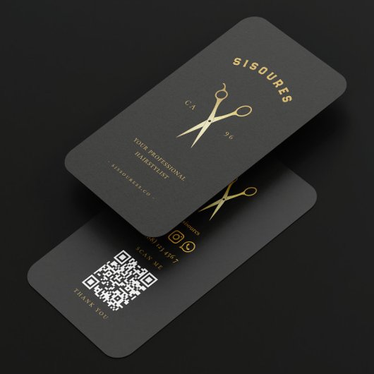金ゴールドモダンはさみ理髪店QR 名刺