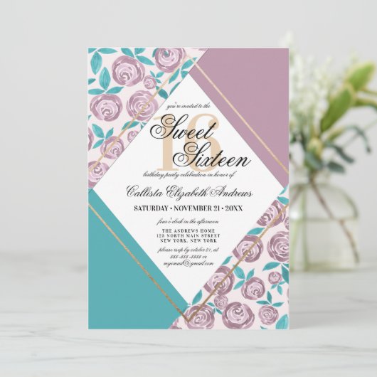 金ゴールドモダンほこりっぽいピンクの花の水色Sweet 16 招待状 (スタンド正面)