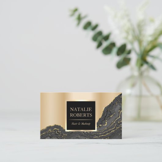金ゴールドモダンアゲートメイクアップアーティストヘア美しいサロン 名刺 (スタンド正面)
