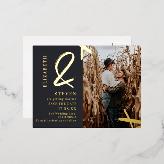 金ゴールドモダンアンパサンド写真結婚式の日付を保存 箔招待状ポストカード (正面/裏面)