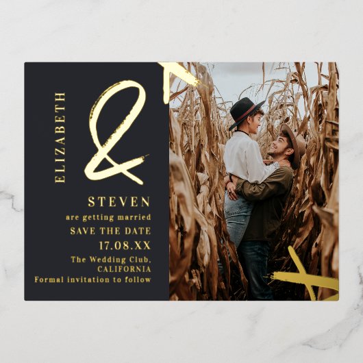 金ゴールドモダンアンパサンド写真結婚式の日付を保存 箔招待状ポストカード (正面)