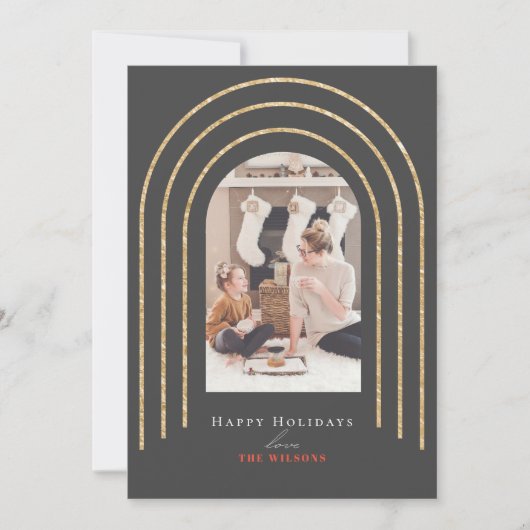金ゴールドモダンアーチ写真クリスマスダークグレー シーズンカード (正面)