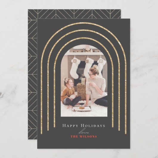 金ゴールドモダンアーチ写真クリスマスダークグレー シーズンカード (正面/裏面)