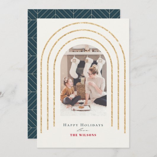 金ゴールドモダンアーチ写真クリスマス海軍 シーズンカード (正面/裏面)
