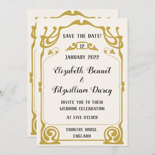 金ゴールドモダンアールヌーボースタイル結婚式招待状 招待状 (正面/裏面)