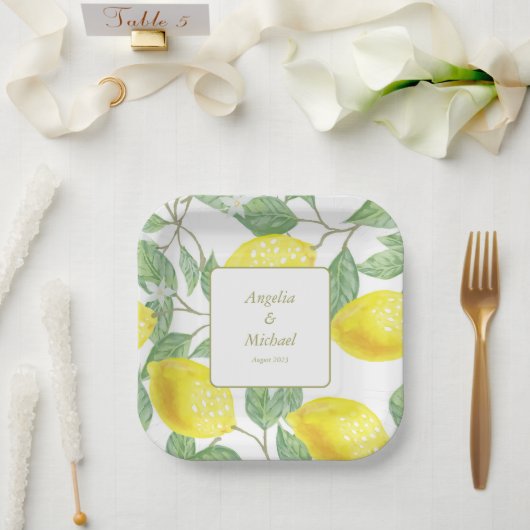 金ゴールドモダンイエローレモングリ葉ーンズ結婚ズ ペーパープレート (ウェディング)