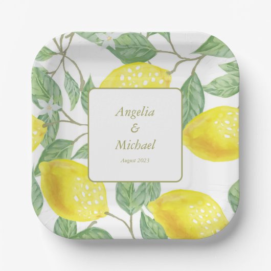金ゴールドモダンイエローレモングリ葉ーンズ結婚ズ ペーパープレート (正面)