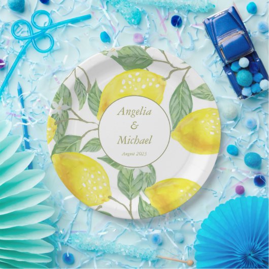 金ゴールドモダンイエローレモングリ葉ーンズ結婚ズ ペーパープレート (パーティー)
