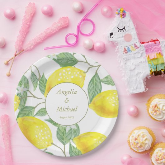 金ゴールドモダンイエローレモングリ葉ーンズ結婚ズ ペーパープレート (パーティー)