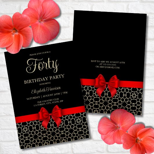 金ゴールドモダンエジプト幾何学赤弓40歳の誕生日 招待状